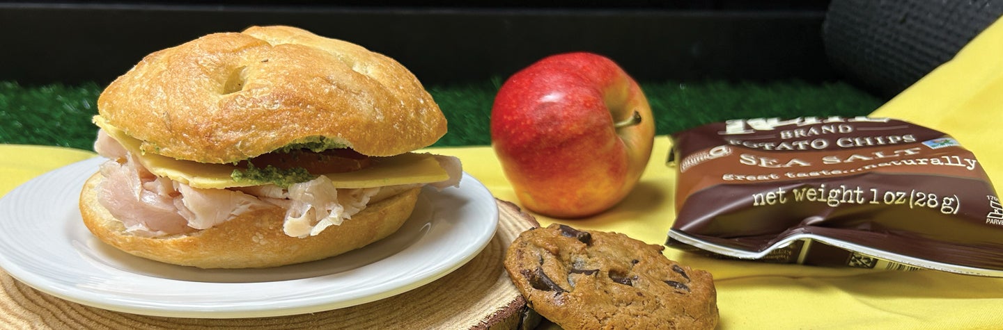 Photo of typical Boxed Lunch: sandwich on roll, apple, cookie, and bag of chips.